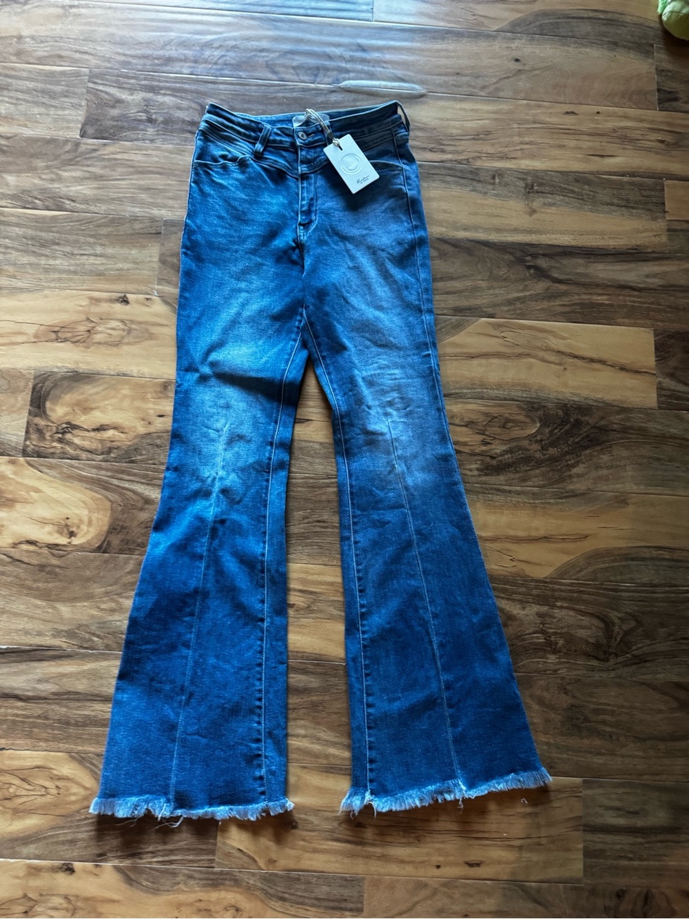 KanCan Medium Blue High-Rise Flare Jeans with Raw Hem